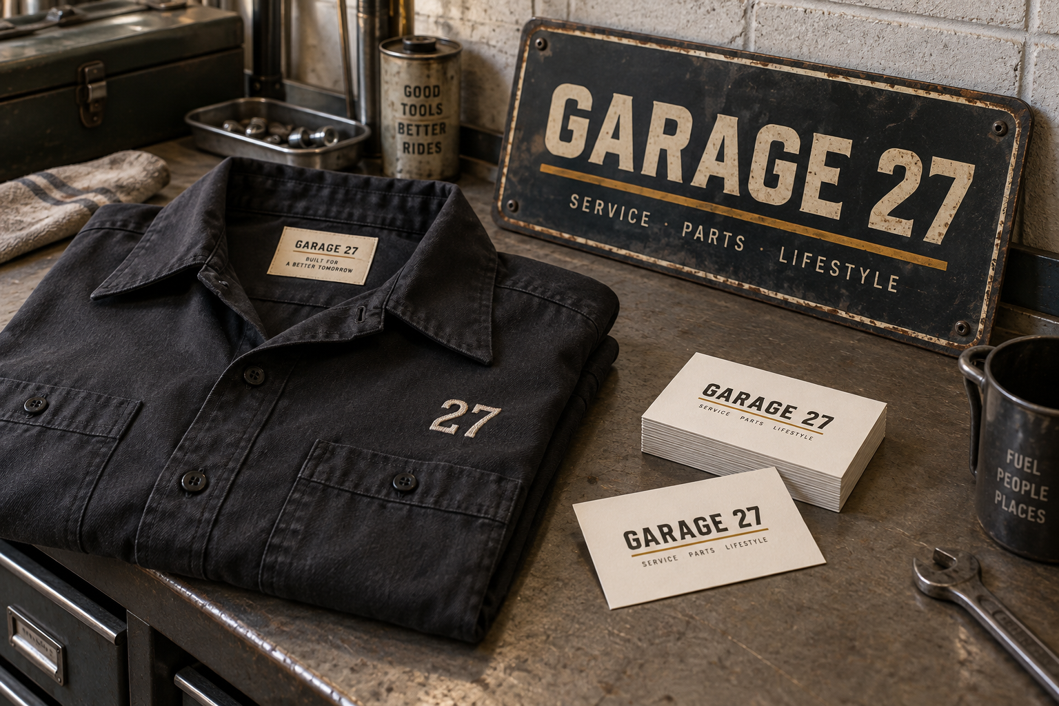 GARAGE 27のワークシャツと店舗サインの自主制作イメージ