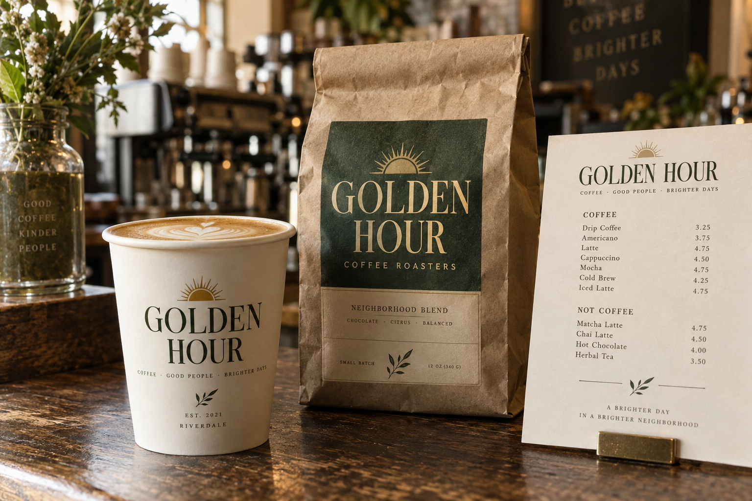GOLDEN HOURの紙カップとコーヒー豆パッケージの自主制作イメージ