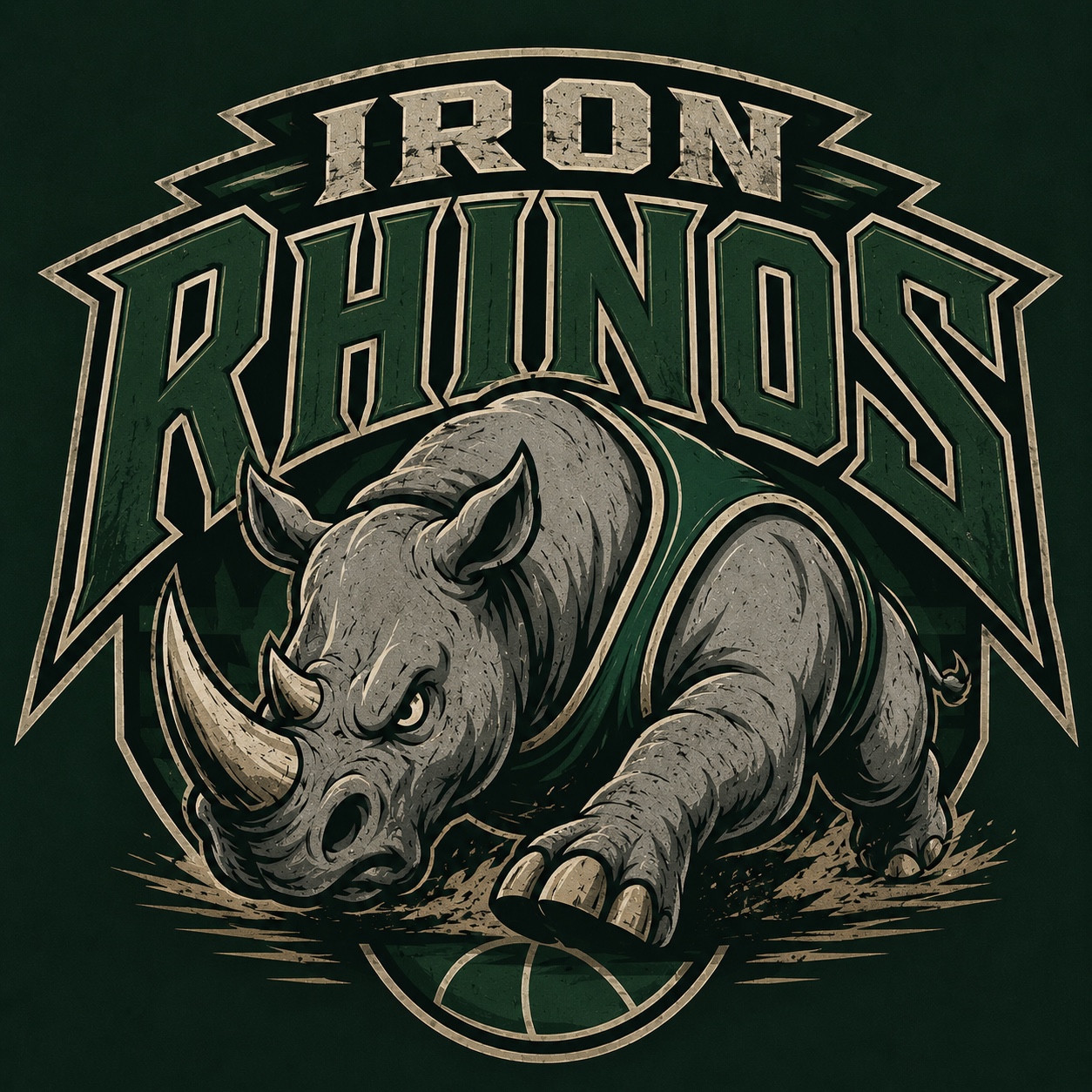 IRON RHINOSのサイとバスケットボールを描いたロゴイメージ