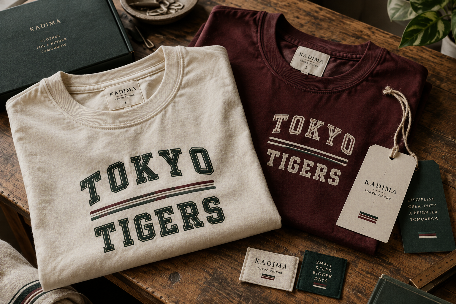 TOKYO TIGERSのTシャツと商品タグの自主制作イメージ